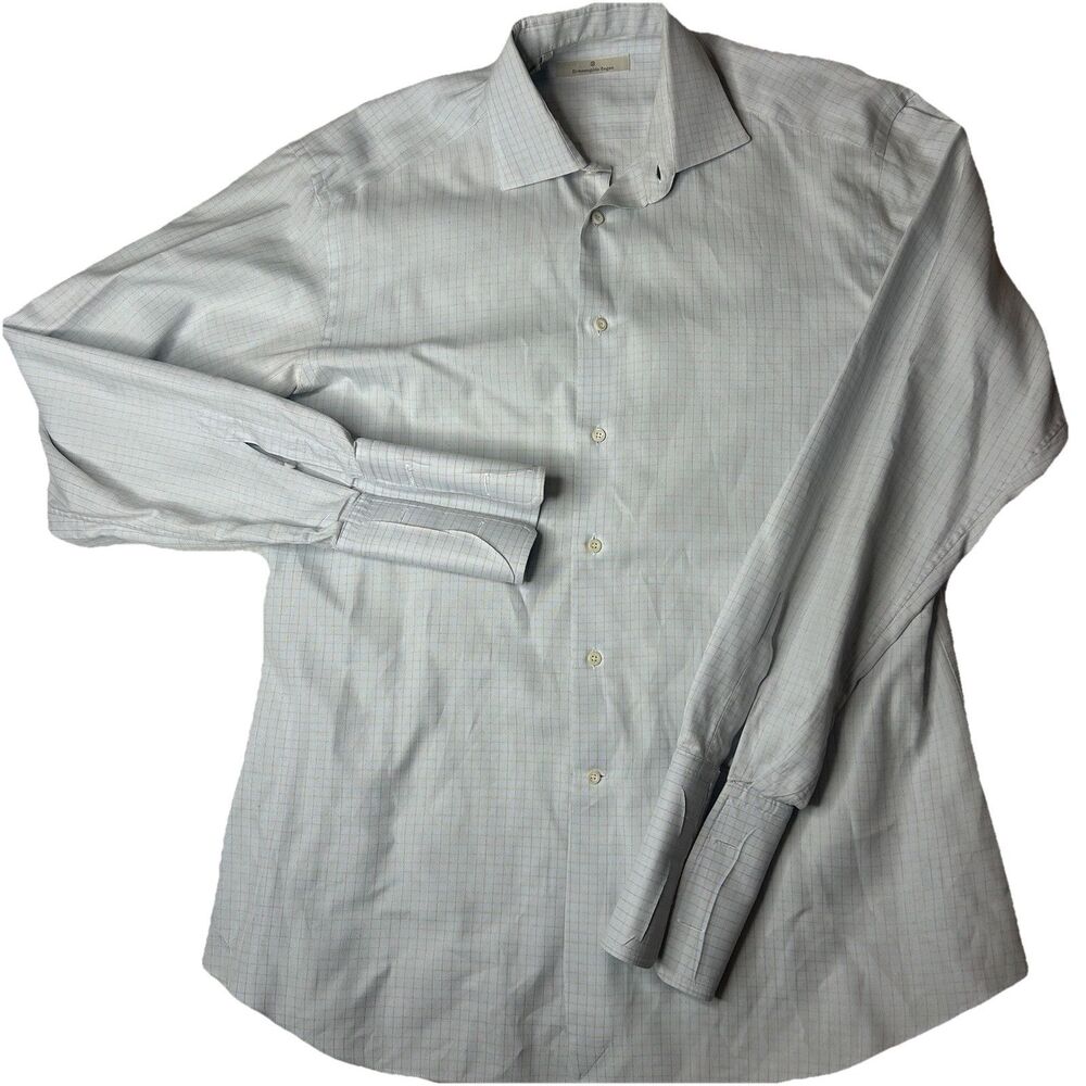 Ermenegildo Zegna Mens Grid Check 39 15.5 Long Slv Classic Shirt Blue FrenchCuff